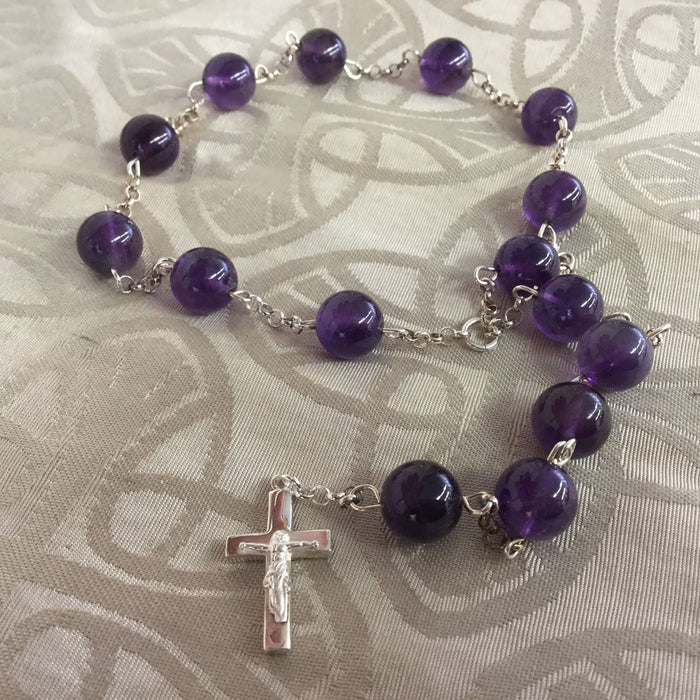 Sterling Silver One Decade Rosary, Real Amethyst Beads 10mm Diameter SPECIAL ORDER ONLY