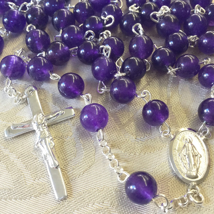 Sterling Silver Rosary, Real Amethyst Beads 8mm Diameter