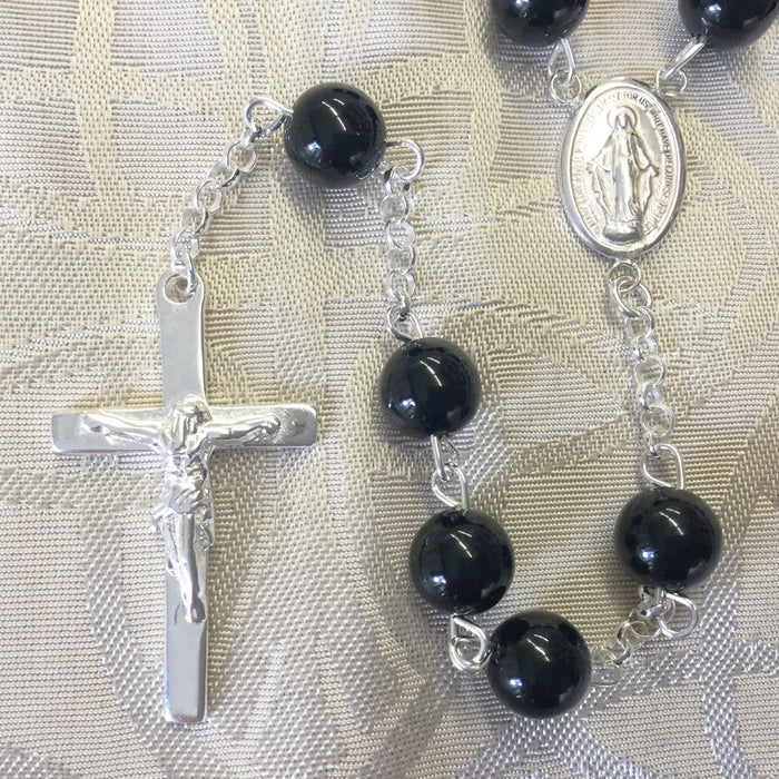 Sterling Silver Rosary, Real Black Onyx Beads 8mm Diameter SPECIAL ORDER ONLY