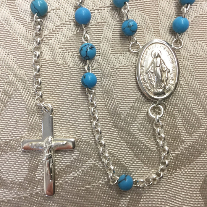 Sterling Silver Rosary, Turquoise Beads 4mm Diameter SPECIAL ORDER ONLY