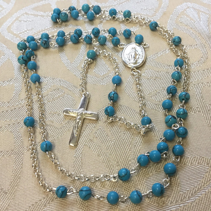Sterling Silver Rosary, Turquoise Beads 4mm Diameter SPECIAL ORDER ONLY