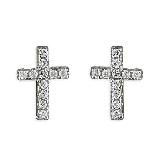Sterling Silver Small Cross Studs Earrings Set With Cubic Zirconia Stones 8mm In Length
