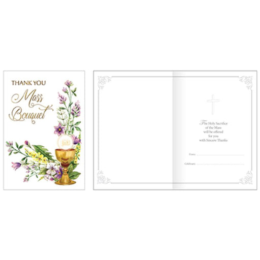 Catholic Mass Cards, Thank You Mass Bouquet Greetings Card, Chalice Host & Floral Design