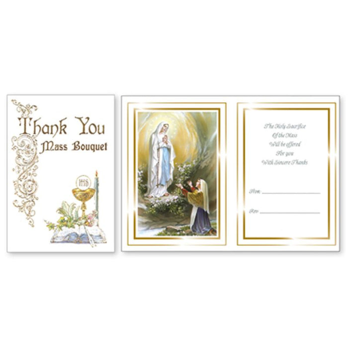 Catholic Mass Cards, Thank You Mass Bouquet Greetings Card, Gold Embossed With Our Lady of Lourdes Full Colour Insert