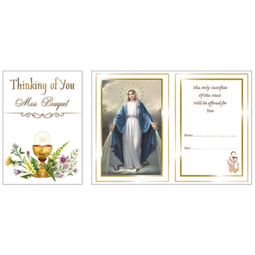 Catholic Mass Cards, Thinking Of You Mass Bouquet Greeting Card, Gold Foil Embossed With Our Lady of Grace Full Colour Insert