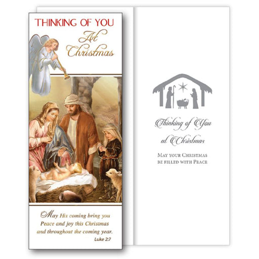 Christian Christmas Cards, Thinking Of You At Christmas, Holy Family With Angel Design Single Christmas Greetings Card