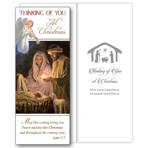 Christian Christmas Cards, Thinking Of You At Christmas, Holy Family Design With Bible Text Luke 2:7 Single Christmas Greetings Card