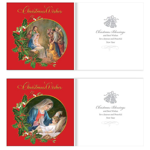 Religious Christmas Cards, 6 Christmas Cards, Christmas Wishes Holly & Nativity Crib 2 Designs With Gold Foil Highlights
