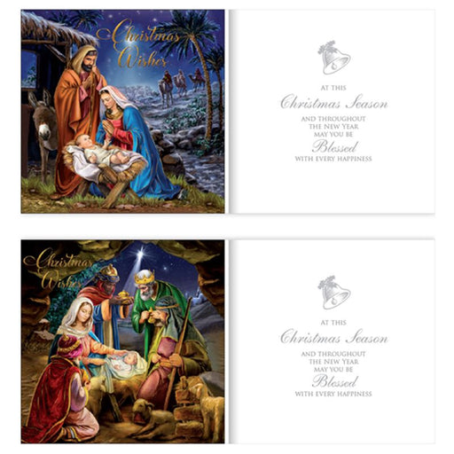 Religious Christmas Cards, 6 Christmas Cards, Christmas Wishes Holy Family & The 3 Kings 2 Designs With Gold Foil Highlights