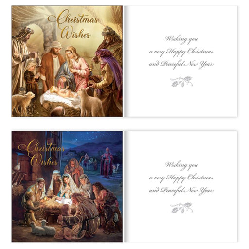 Religious Christmas Cards, 6 Christmas Cards, Christmas Wishes Crib Scene 2 x Different Designs With Gold Foil Highlights