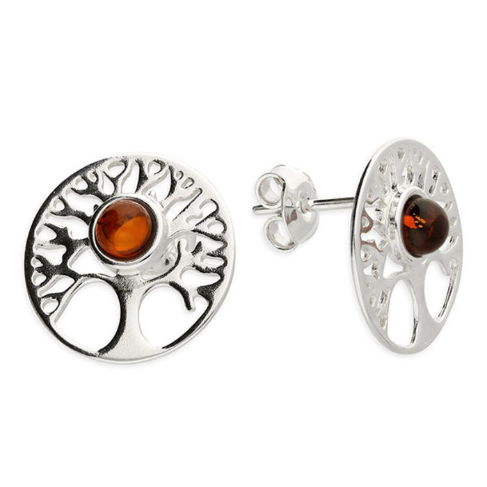Tree of Life Sterling Silver Stud Earrings, 14mm Diameter Set With Cognac Amber Stones