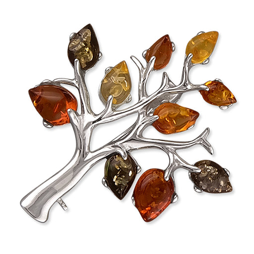 Tree of Life Sterling Silver Brooch, Set With Mixed Amber Stones 35mm High