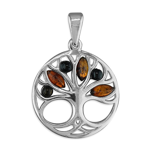 Tree of Life Sterling Silver Pendant, Set With Mixed Amber Stones 23mm Diameter
