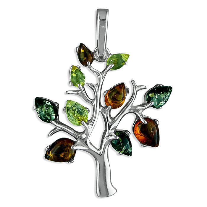 Tree of Life Sterling Silver Pendant, Set With Mixed Amber Stones 40mm High