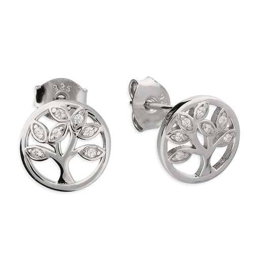 Christian Earrings, Tree of Life Sterling Silver Stud Earrings, Inset With Cubic Zirconia Stones 10mm Diameter