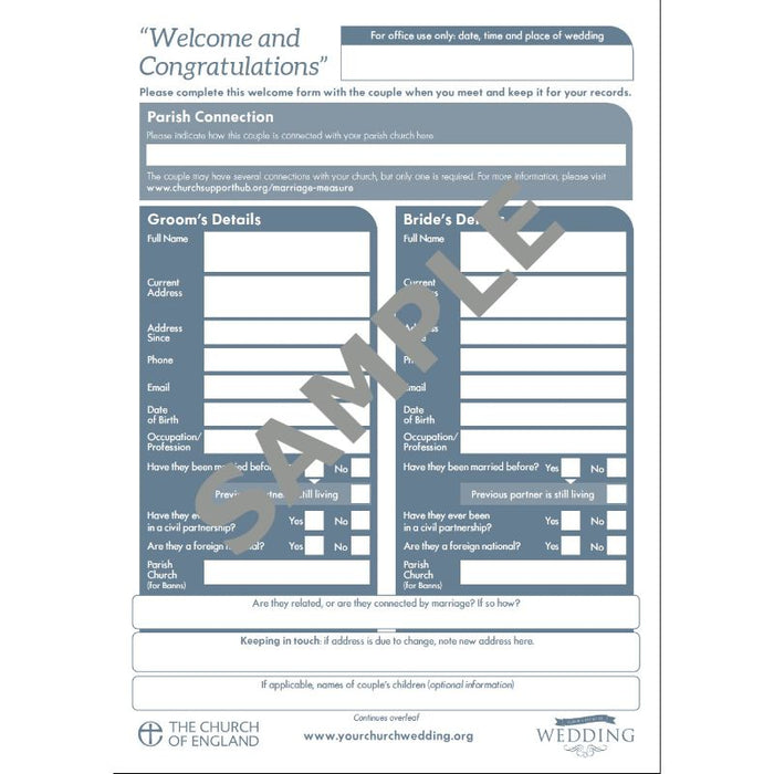 Wedding Welcome Form, Pack of 30 Size A4 by Church House Publishing