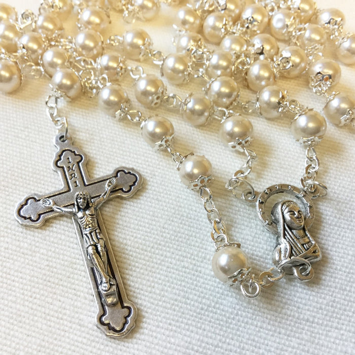 White Pearl Rosary Beads 6mm Diameter, Individually Capped Beads For Added Strength