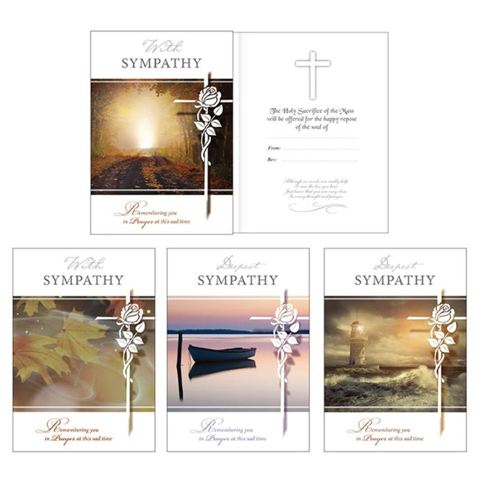 With Sympathy Mass Greetings Cards, Pack of 12 Cards With 4 Different Designs