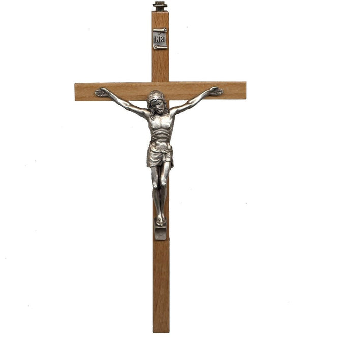 Wooden Crucifix - Beech Wood Cross With Metal Figure, 20cm / 8 Inches High