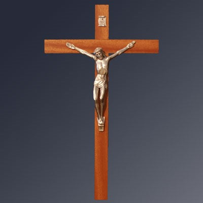 Wooden Crucifix With Silver Metal Figure, 38cm / 14.5 Inches High